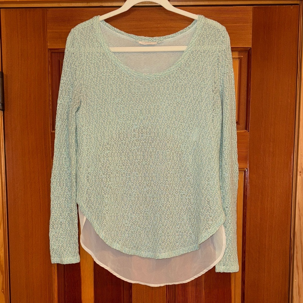 Lush Light Blue/Seafoam Green Knit Sweater with Sheer Back